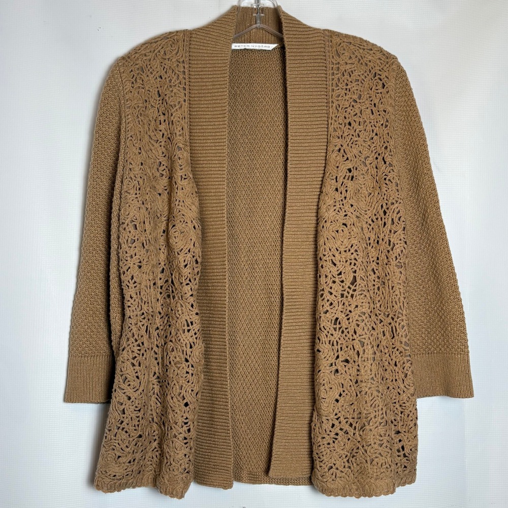 Peter Nygard Tan Crochet Front Open Cardigan‎ Sweater 3/4 Sleeve Camel Brown